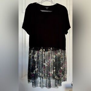 Willow Young Contemporary Black Tunic Top w/ Sheer Floral Accent Women’s Size XL